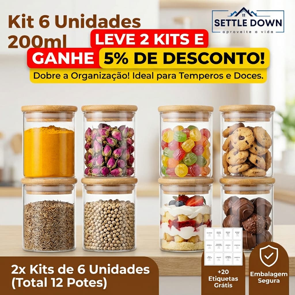 Kit 6 Potes De Cidro Com Tampa De Bambu Herméticos Redondos 200ml Potes Herméticos Porta Mantimentos