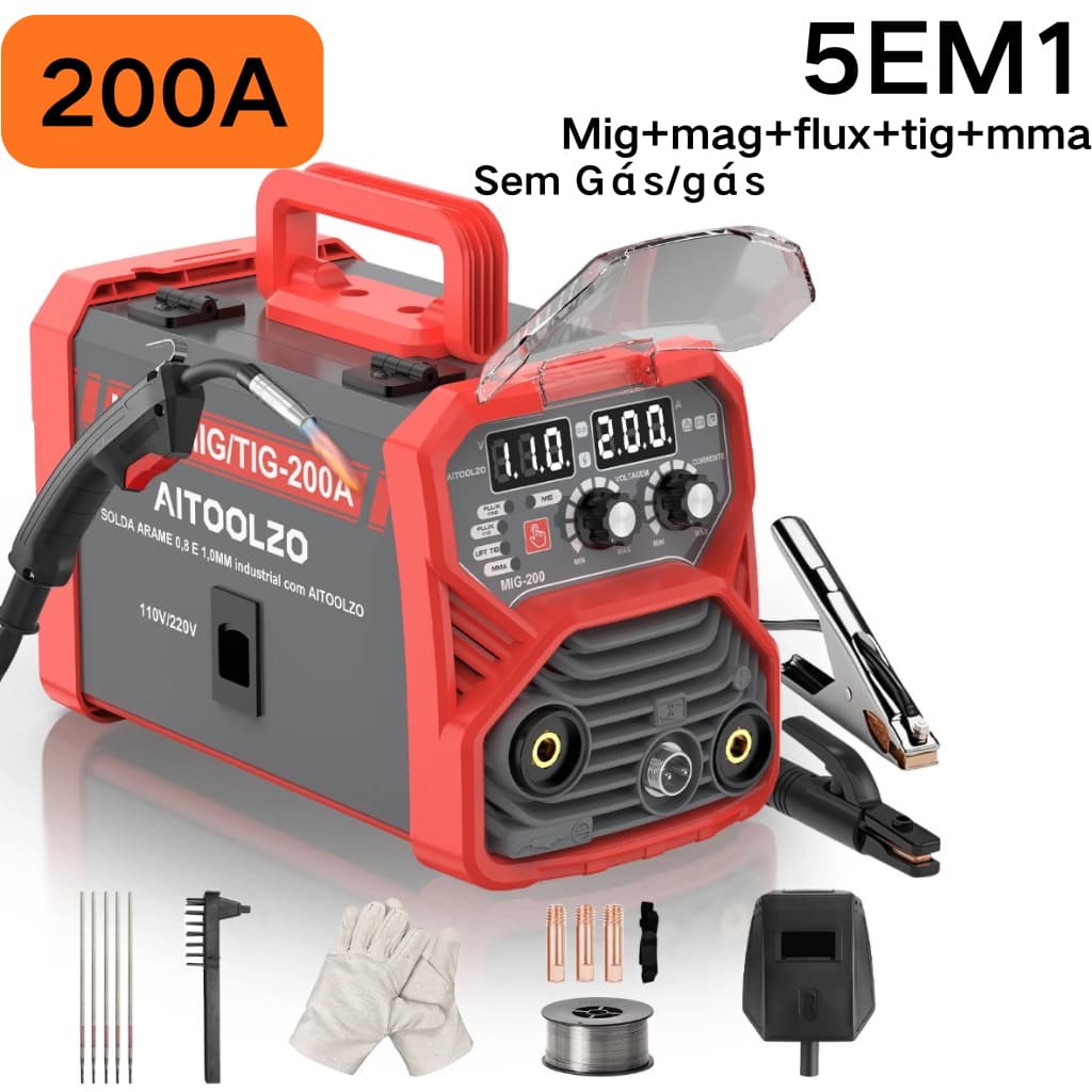 5 em 1 Máquina Solda Inversora Sem Gás / Com Gás MIG/MAG/Flux/TIG/MMA Aitoolzo