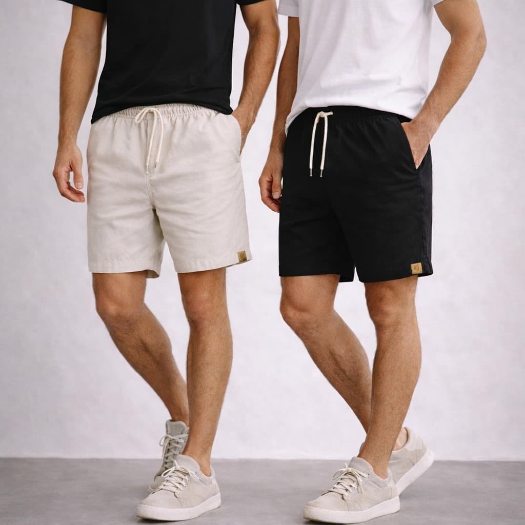 Kit 2 Shorts Masculinos de Linho Premium | Mauricinho Casual com Bolsos Confortável – Mais Vendido