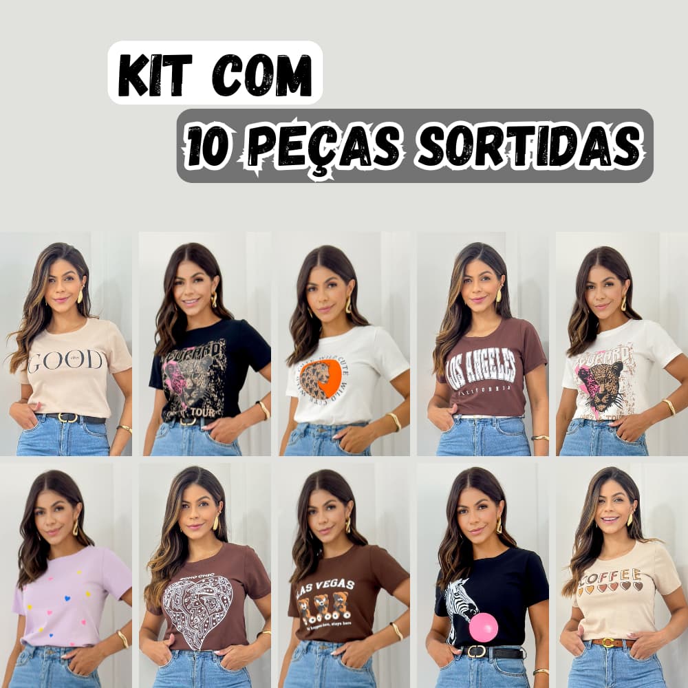 Kit 10 Camisetas Feminina T- Shirt  100% Algodão Premium Melhores Estampas Do Momento Blusa Moda