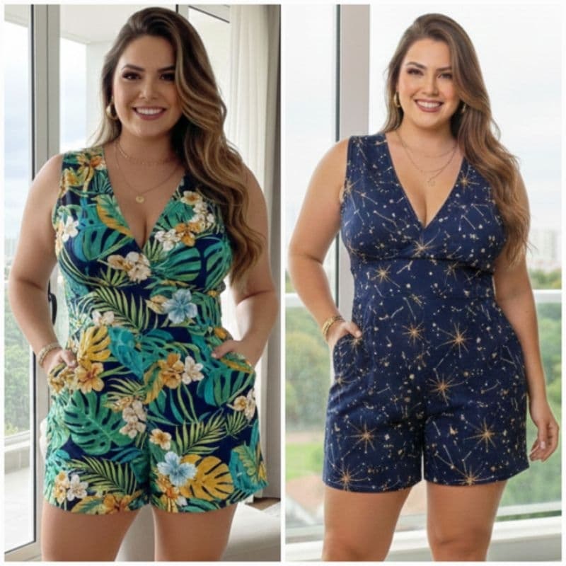 Macaquinho plus size com bolso short curto jardineira feminina moda verão