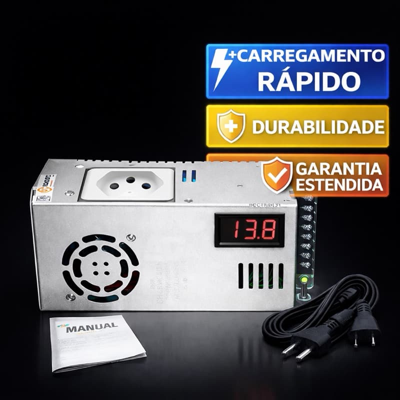 Fonte Automotiva Chaveada 11 até 15 V 150Amperes.   + Cabo 110v / 220v Com Voltímetro  + Tomada extensão 10 A