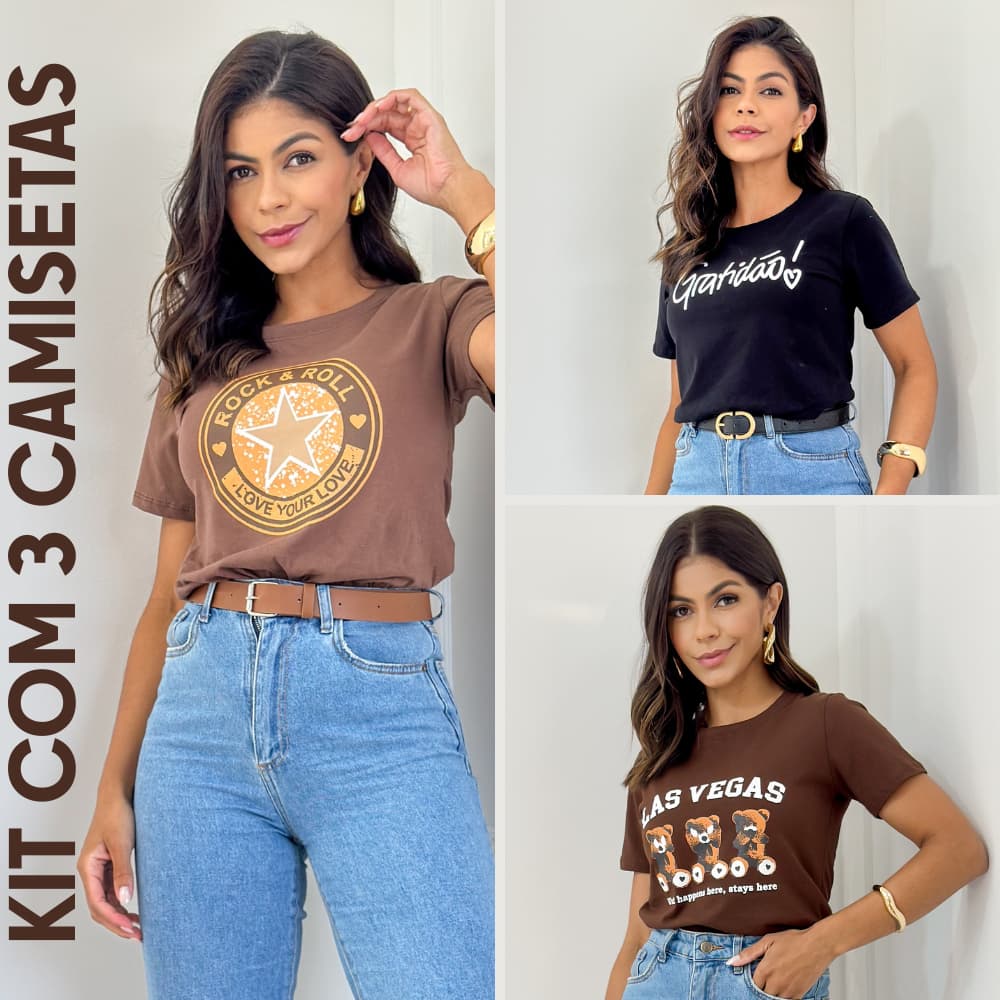 Kit 3 Camisetas T-Shirt Feminina Casual Slin Estampa Tendência Moda Blusa Premium