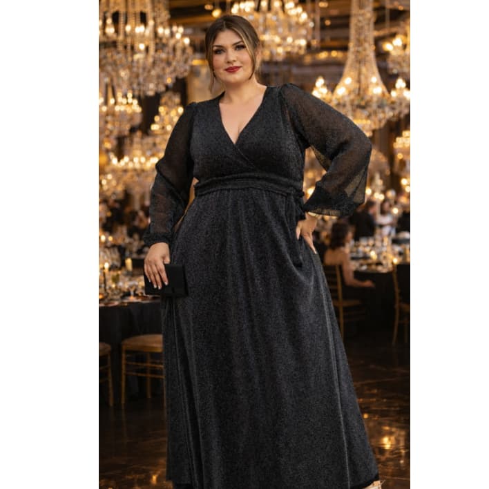Vestido Madrinha de Casamento Plus Size Manga Longa Tule Brilho Lurex Fenda Inverno Roupa de Frio