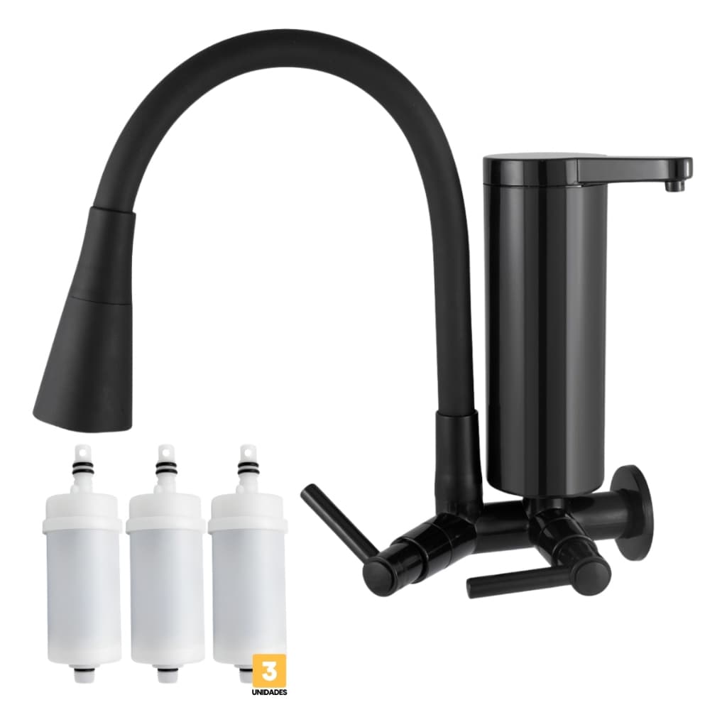 Torneira Filtro Cozinha 2 Jatos Parede Gourmet Preta Abs + 3 Refil