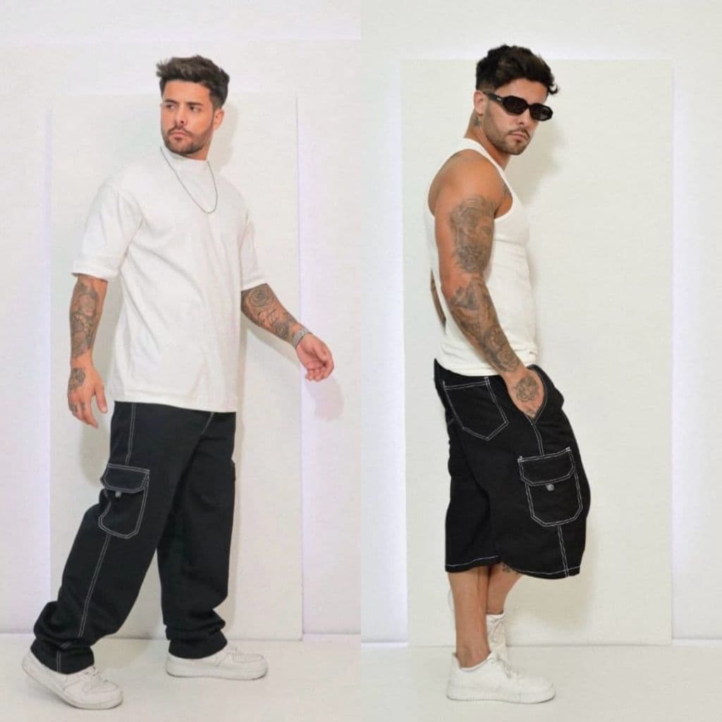 KIT BERMUDA CARGO  E CALÇA CARGO BAGGY  PRETA LINHA BRANCA