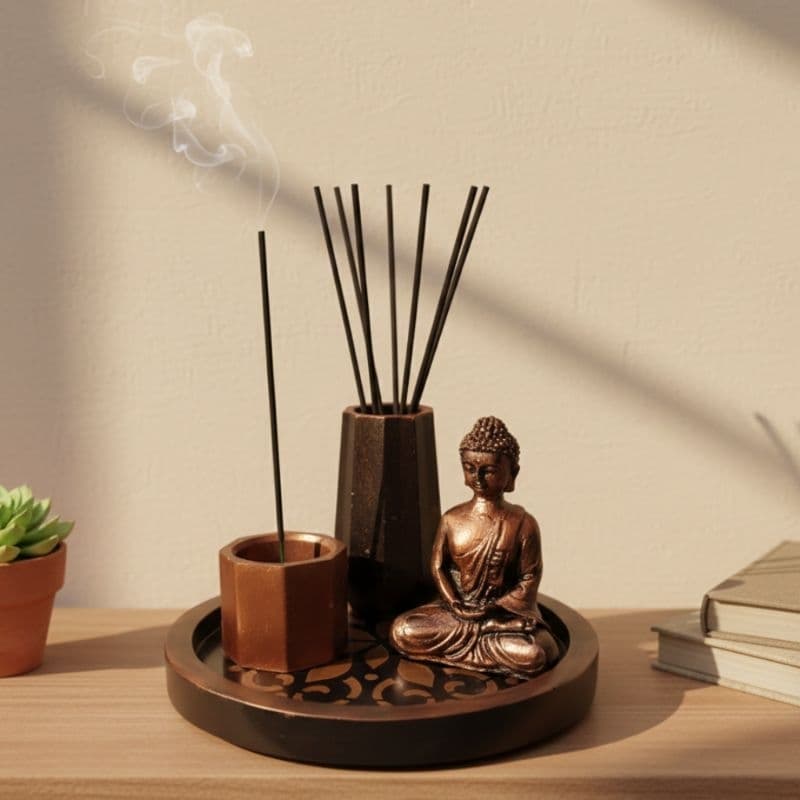 Conjunto Zen.  Incensário com bandeja, vaso porta incenso e Buda.  Produzidos em gesso