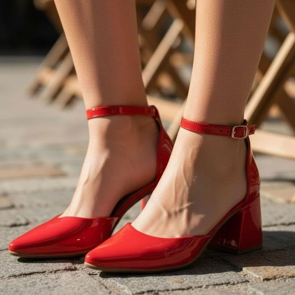 Scarpin Feminino Bico Fino Elegante em Verniz Com Salto Grosso Bloco 6cm Preto,Antique,Vermelho