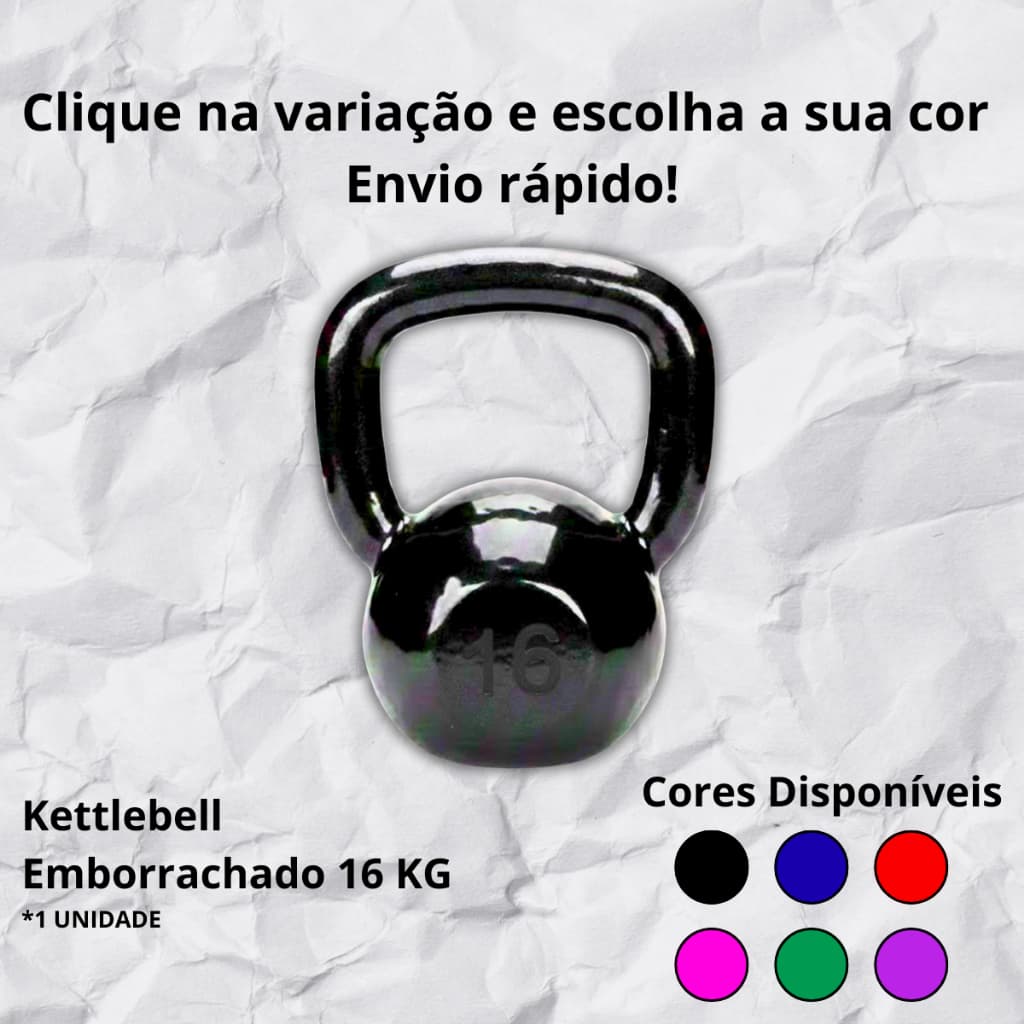 Kettlebell 16kg Emborrachado para Treinos Intensos – Diversas Cores Disponíveis