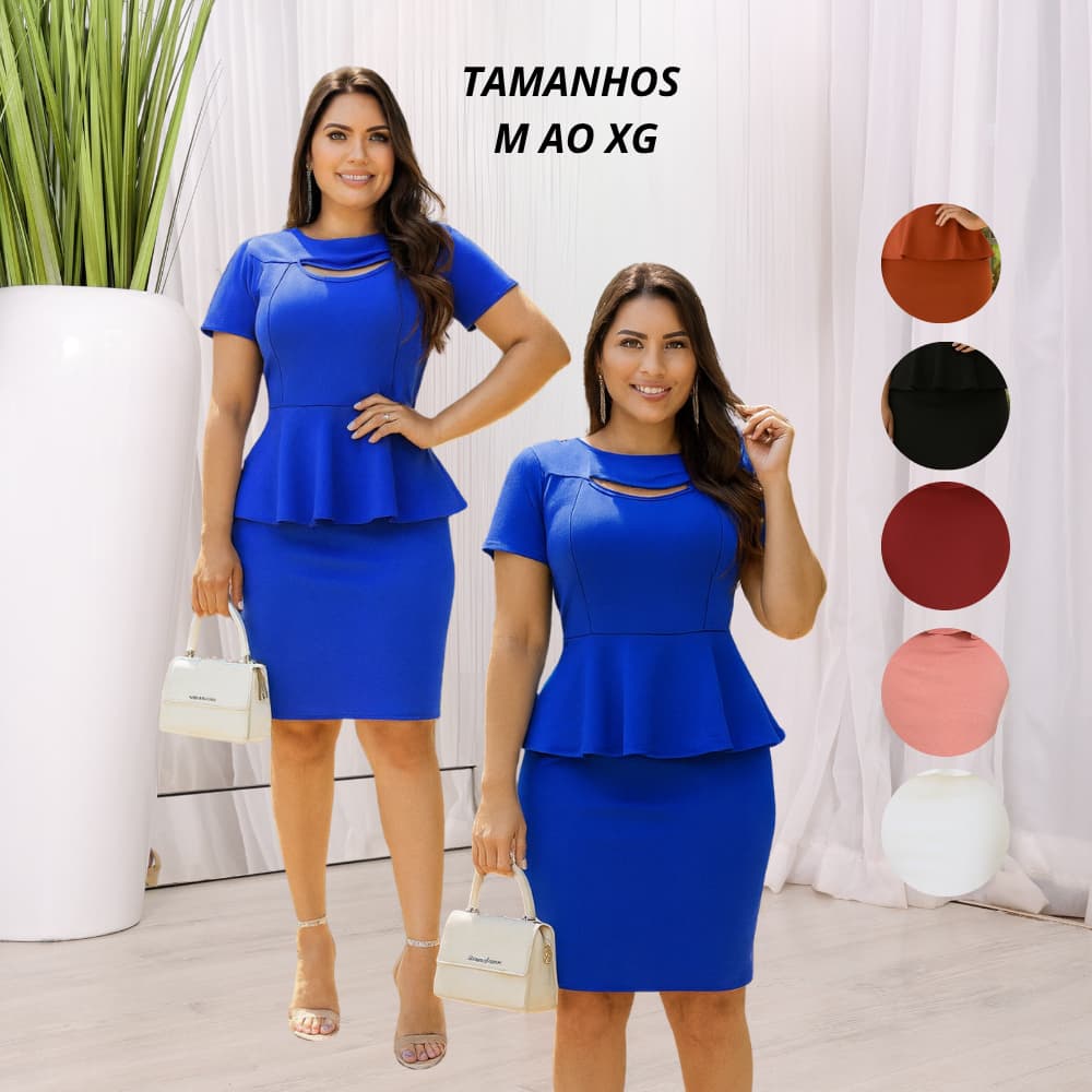 Vestido Midi Peplum Secretaria Manga Curta Gola Respiro Crepe de Malha Moda Evangélica Casual Pluz