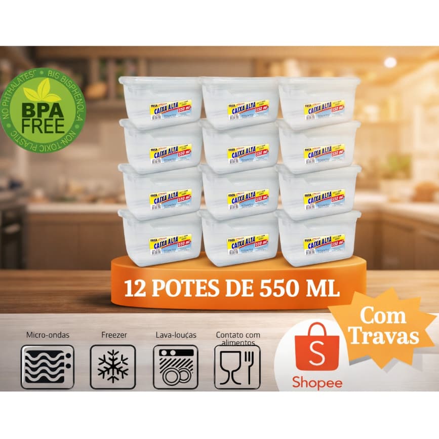 Kit 12 Marmitas Fitness Pote 550ML Freezer E Microondas Potes Plásticos Com Travas Grande REFORÇADO Fechamento SEGURO