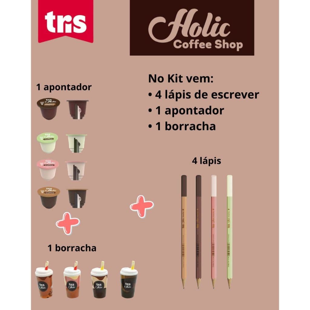 Linha Coffee Tris Holic Linha Café - Apontador cápsula de café, borracha e Kit completo com lápis