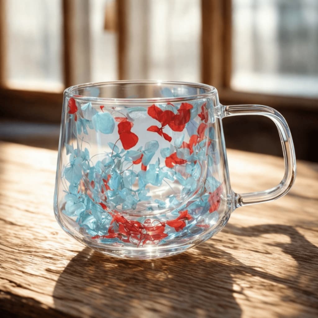 Caneca de Vidro com Flores Vermelhas e Azuis  – Borossilicato Decorativo 200ml