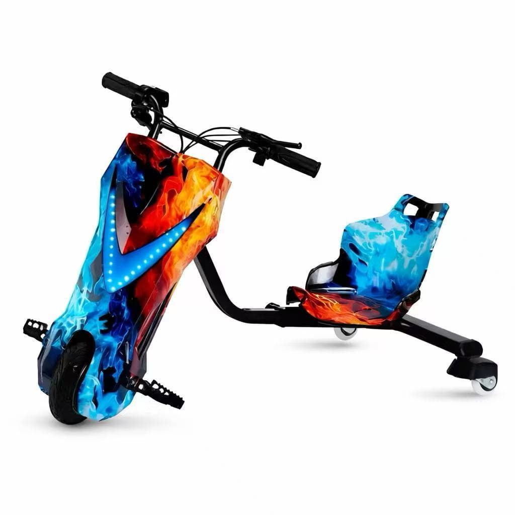 Carro de deriva grande com guiador de freio, guiador contínuo, triciclo elétrico LED Bluetooth, 3 velocidades, Bluetooth