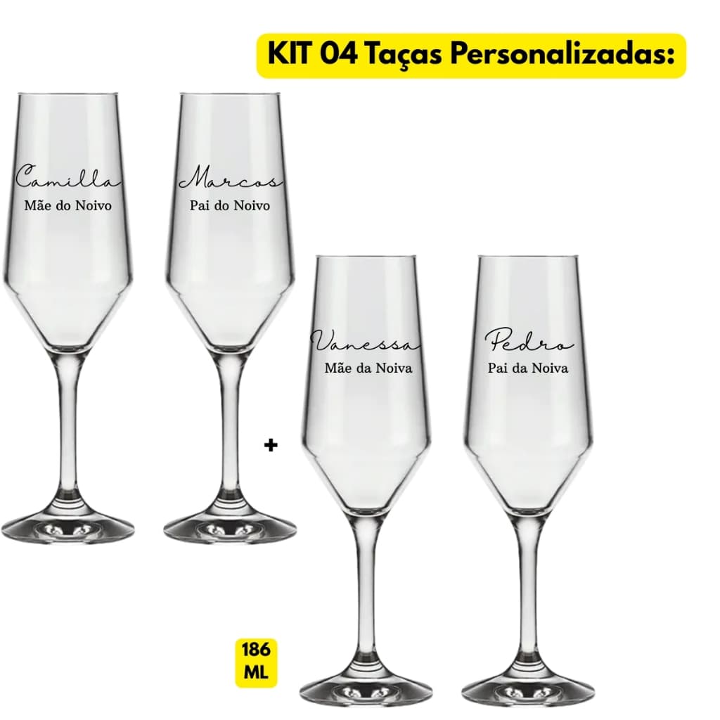 Jogo Kit 04 Taças Personalizadas Vidro Casamento Buffet 186ML Noiva Noivo Pais Seu Nome Chique Luxo