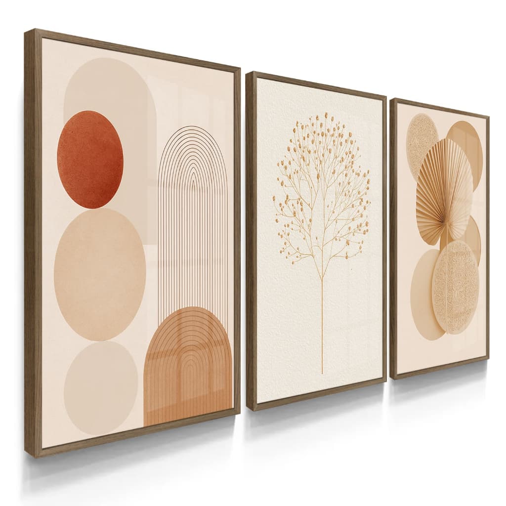 Quadro Decorativos Trio Boho Prosperidade Branco Terracota Moderno para Sala Hall com Moldura