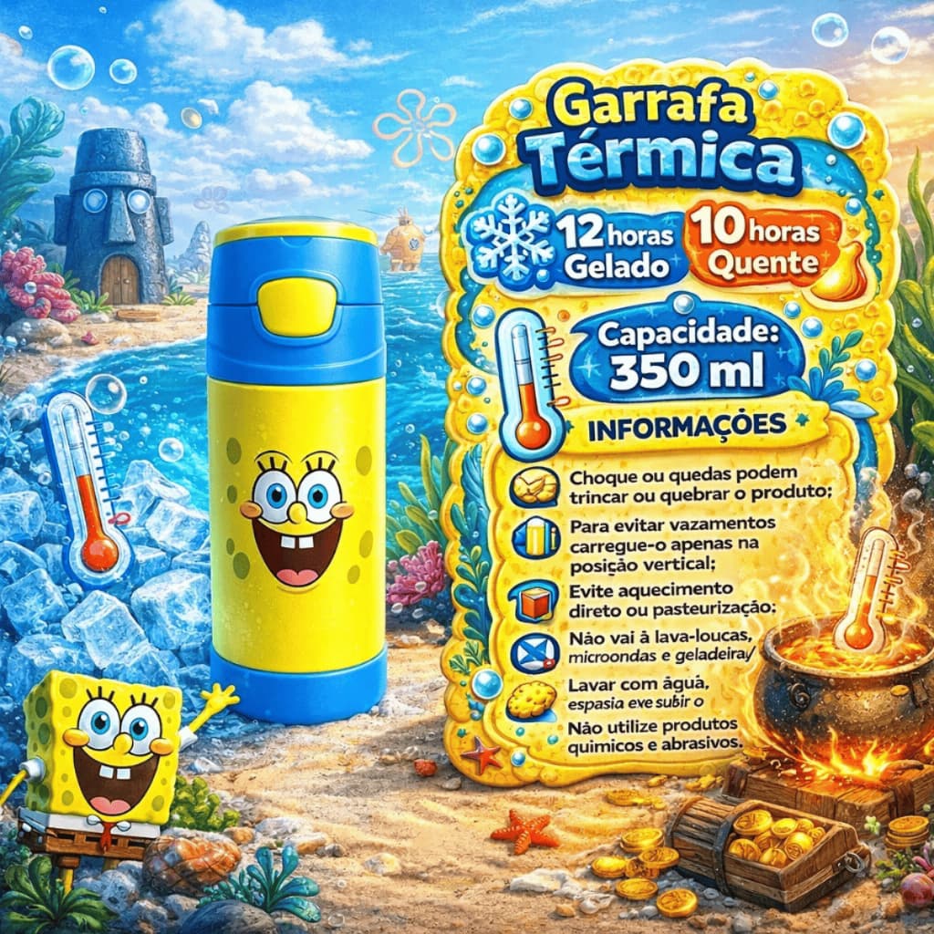 Garrafa Térmica com Canudo Infantil Bob Esponja 350ml Inox