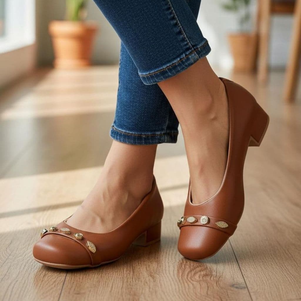 Sapato Feminino Mary Jane Com Saltinho Detalhe Aplicações Confort Casual Clássica Off-white Preto Nude Caramelo