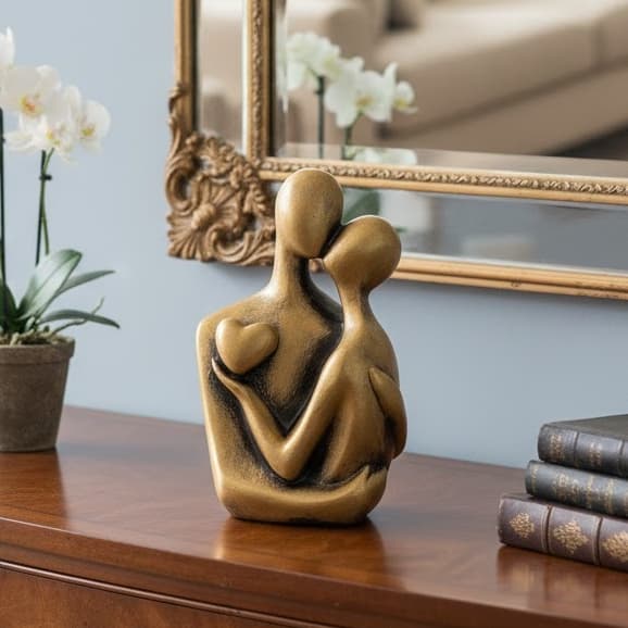 ESTATUA CASAL CORAÇAO NA MÃO MODERNO ELEGANTE DOURADO ENVELHECIDO LUXO DECORAÇÃO