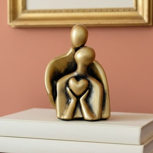 ESTATUETA CASAL ABRAÇADO CORAÇÃO MODERNO ELEGANTE DOURADO ENVELHECIDO LUXO DECORAÇÃO
