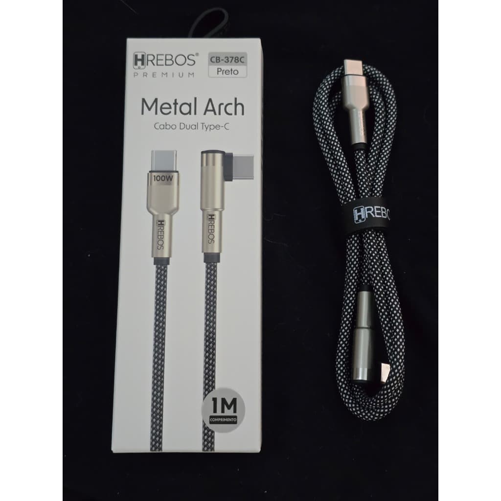 Cabo Premium Metal Arch L 90° Gamer Turbo 1 Metro Tipo C X Tipo C Hrebos Preto