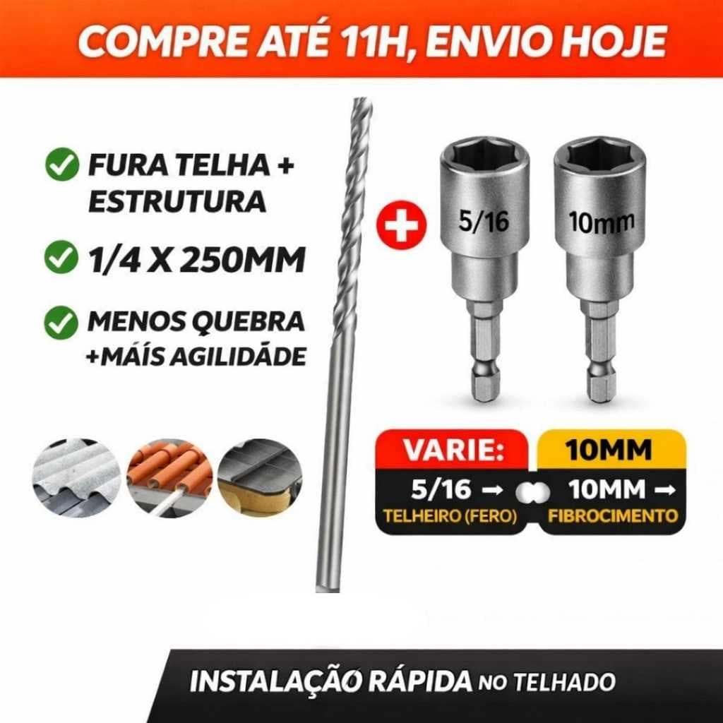 Broca 1/4 x 250mm Para Telhado + Soquete Magnético | Fura Fibrocimento, Ferro e PVC