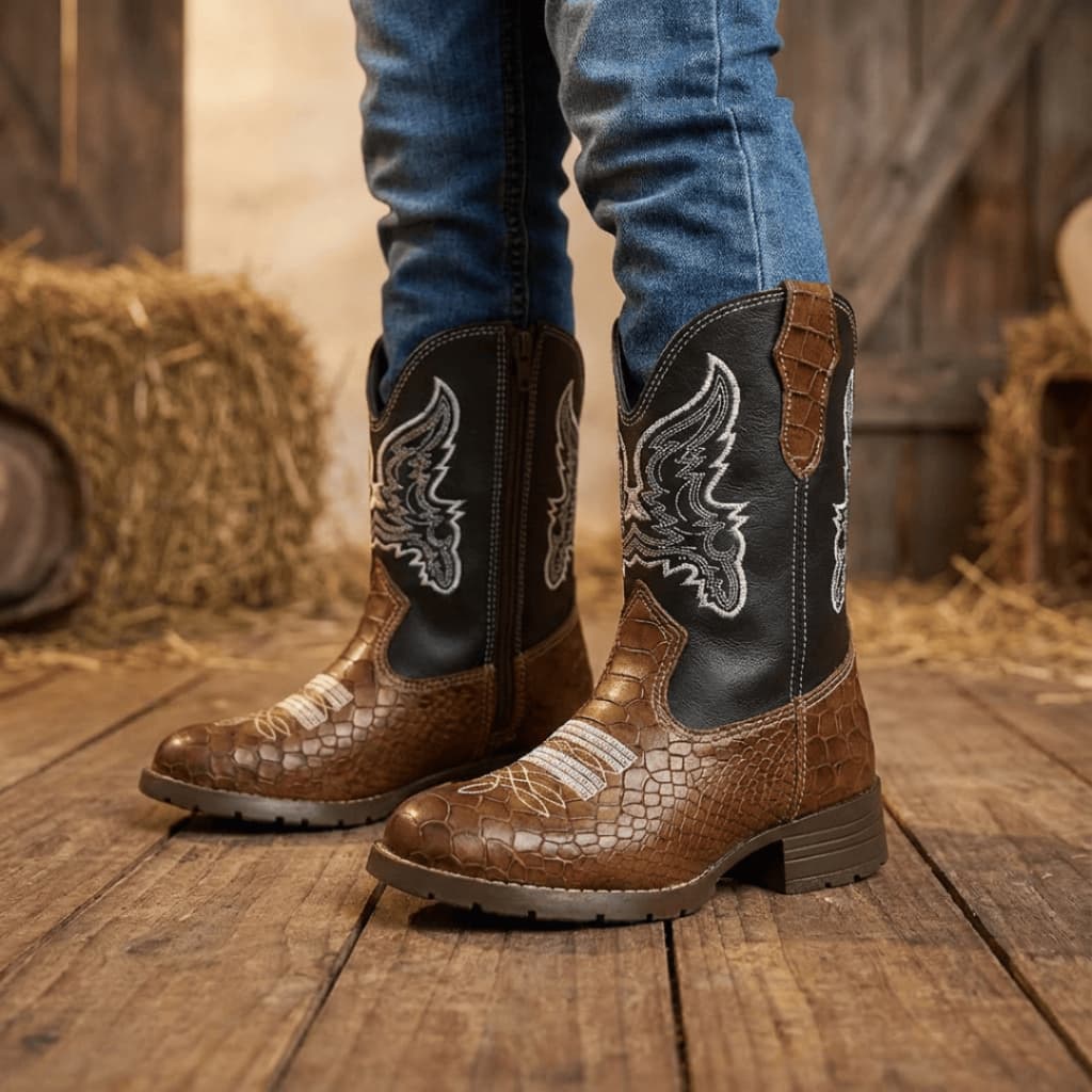 Bota Unissex Infantil Texana Country Couro Legítimo Escamado Cano Bordado Visual Rústico Elegante