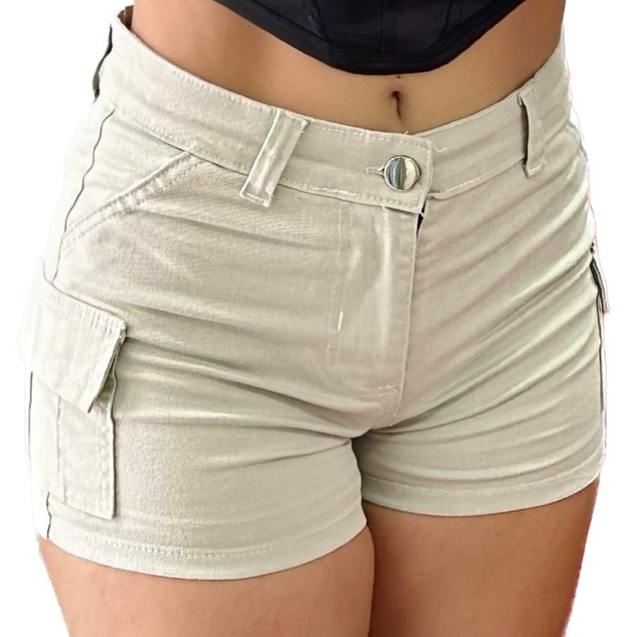 Short Cargo Bege Jeans Sarja Feminino Bolsos Laterais Cintura Alta Modela Bumbum Linha Premium