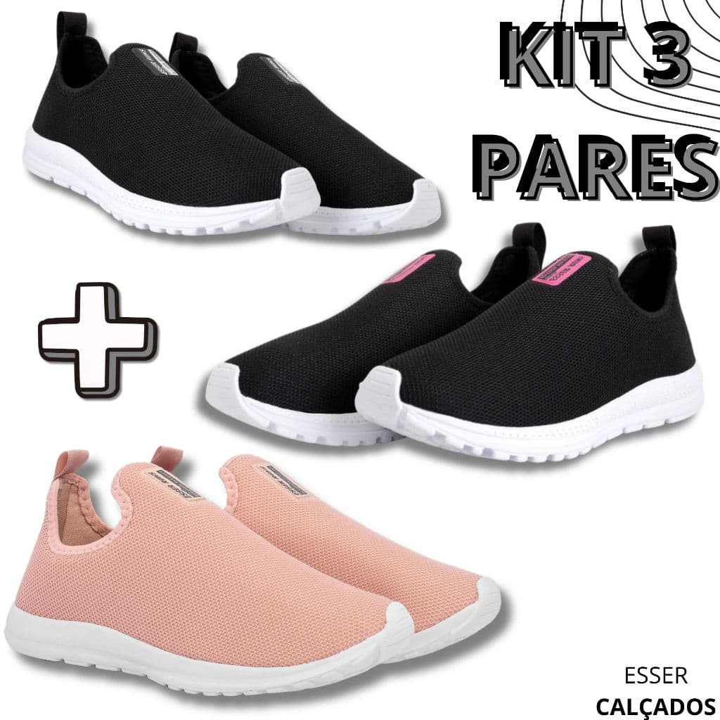 Kit 3 Tênis Meia Feminino Calce Fácil Botinha Ortopédico Esportivo Sneaker Slip On Casual confortável Academia