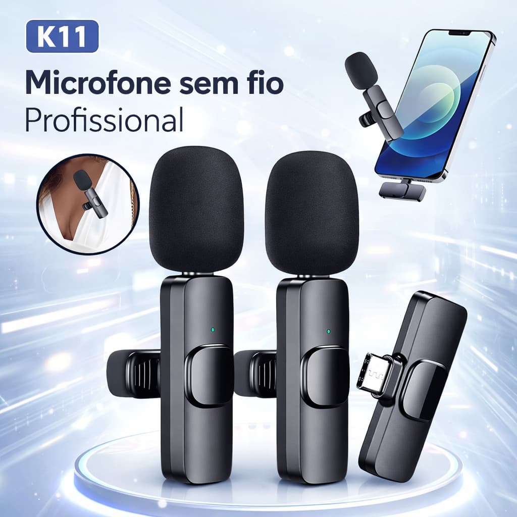 Microfone Sem Fio K11 Profissional p/ iPhone e Tipo C – Vlog, Live e Gravação