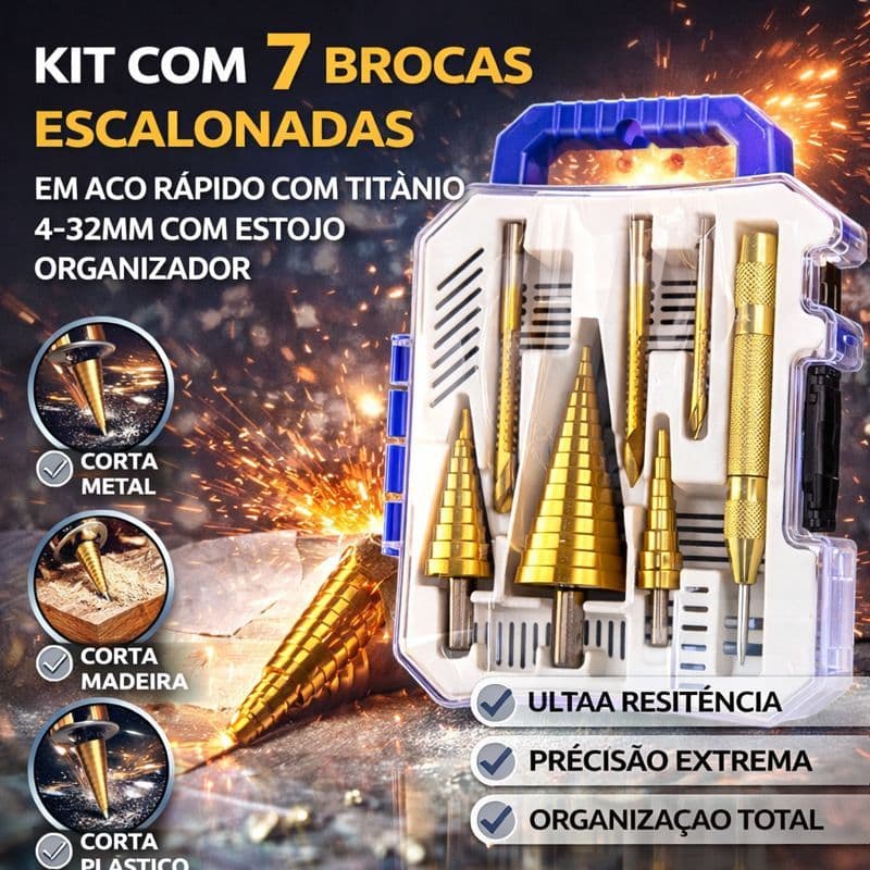 Kit com 7 Brocas Escalonadas em Aço Rápido com Titânio 4–32mm com Estojo Organizador