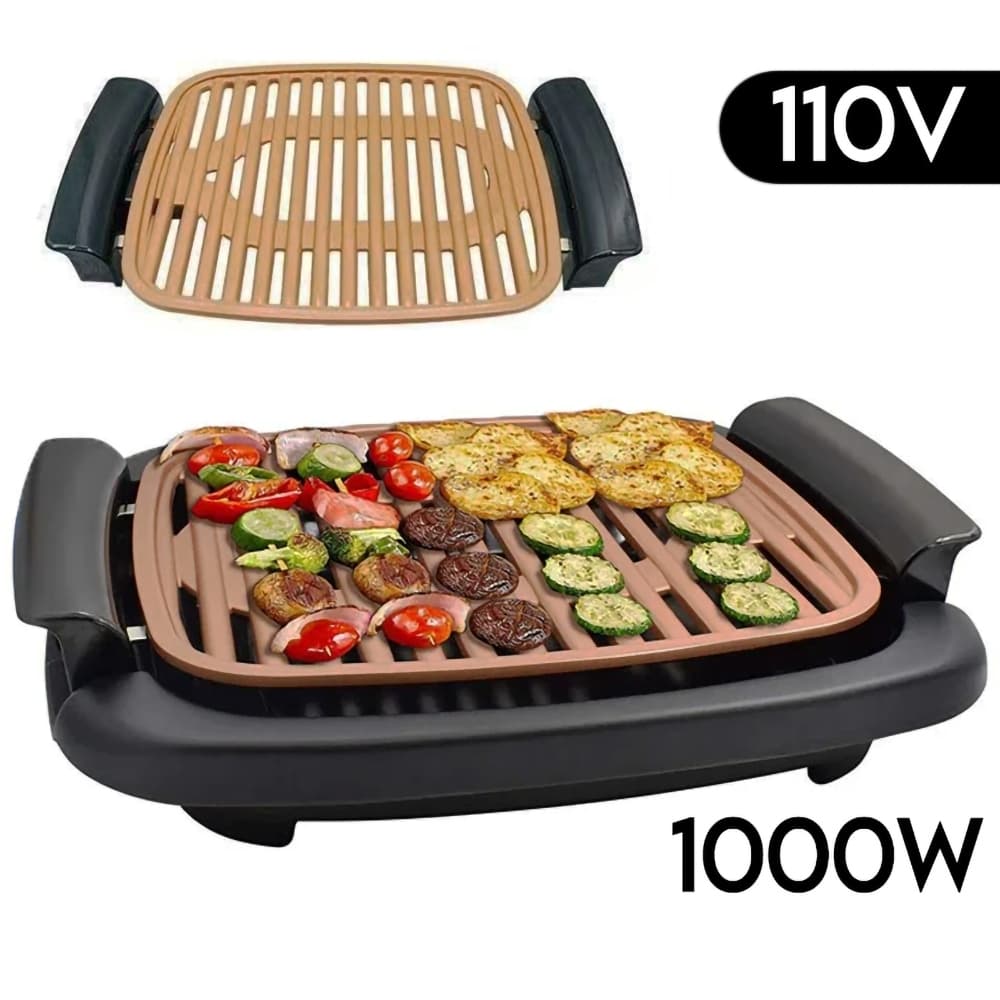 Churrasqueira Elétrica Grill 1000W 110V Grelha Bandeja Desmontável Sem Fumaça