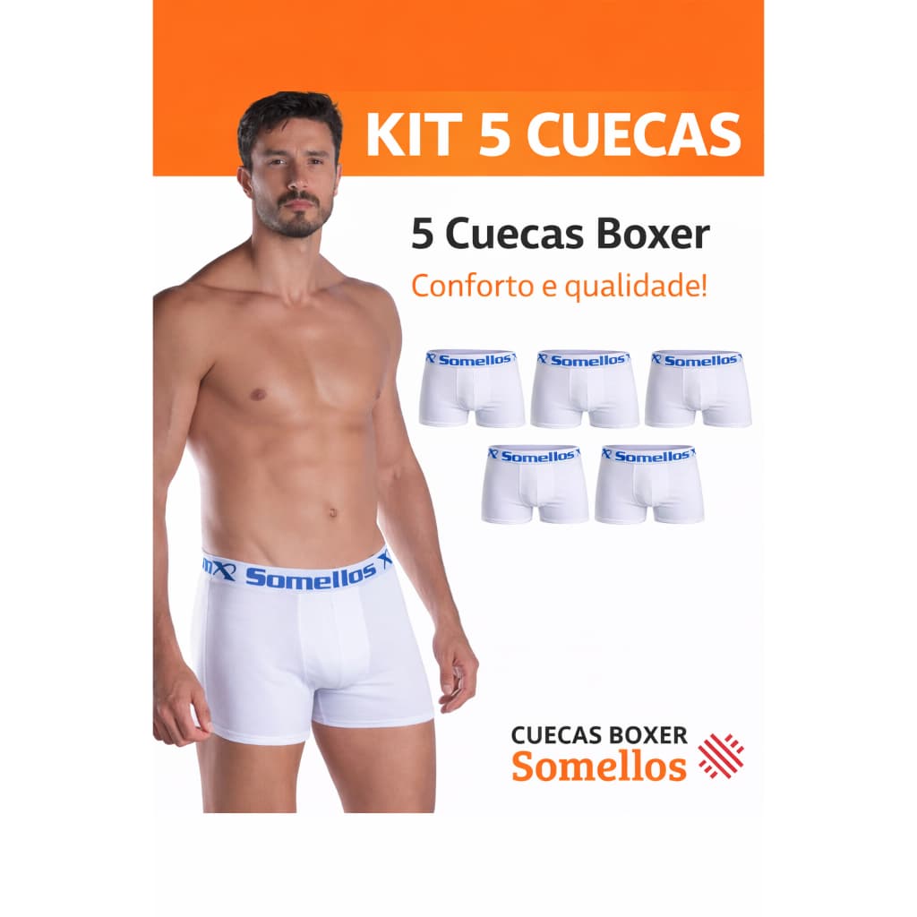 Kit com 5 Cuecas brancas Masculinas Boxer em Microfibra