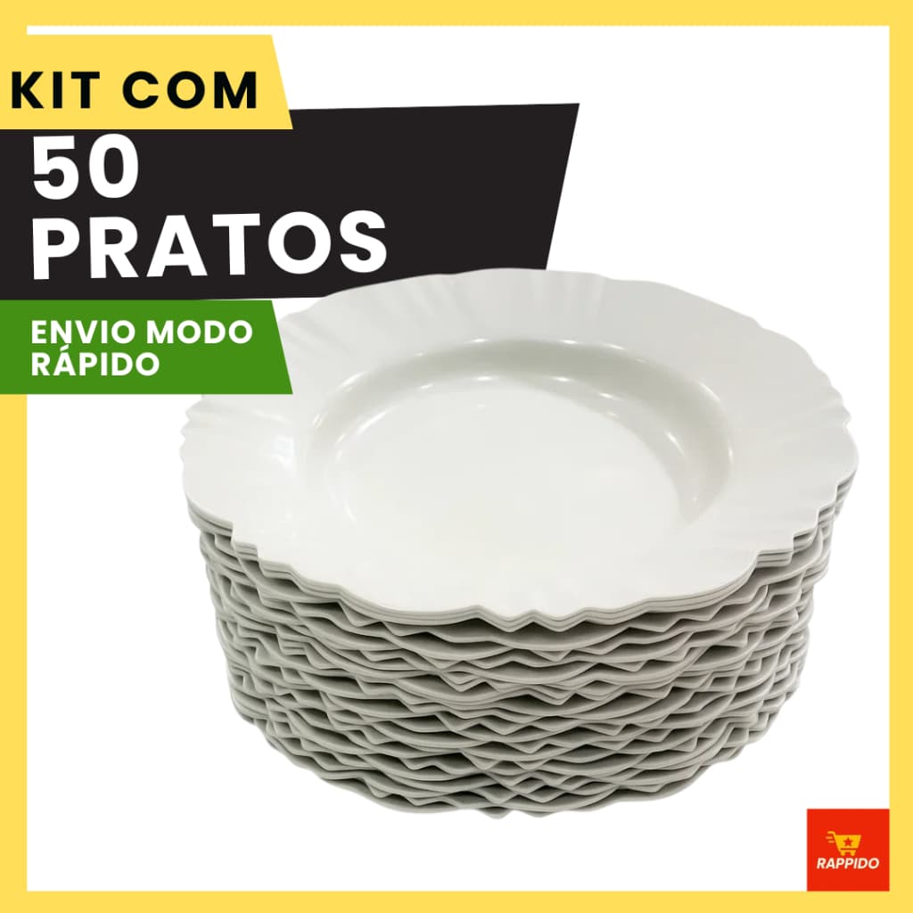 Kit Pratos Fundo com Borda Branco Refeição Churrasco Festa Pratos Plastico