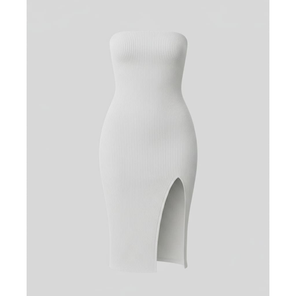Vestido Midi Feminino Tomara Que Caia com Fenda Canelado Premium Ajustado ao Corpo Elegante
