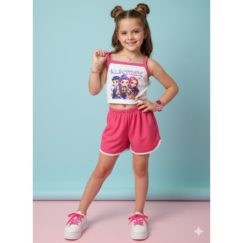 CONJUNTO INFANTIL MENINA BLUSA CROPPED + SHORT GUERREIRAS DO K-POP ROSA