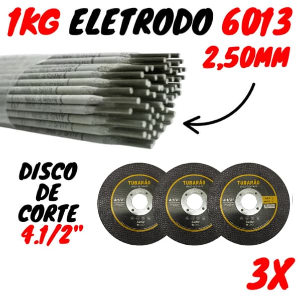 1kg Eletrodo 6013 de 2,50mm + 3 Discos Corte 4.1/2" - Soldaforte