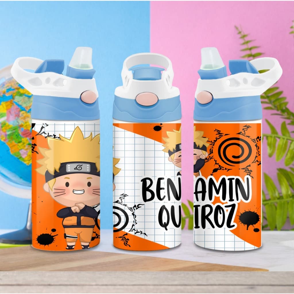 Garrafa Squeeze Escolar Personalizada com Nome - Diversos Temas Infantis naruto panda one piece jp..