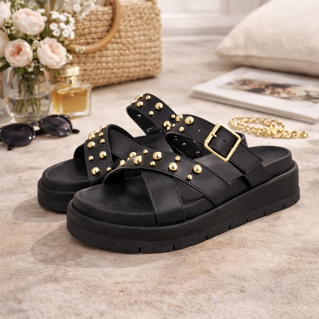 Sandália Flatform Tamanco Papete Chic Confortavel Tachas Dourada Lançamento Preto