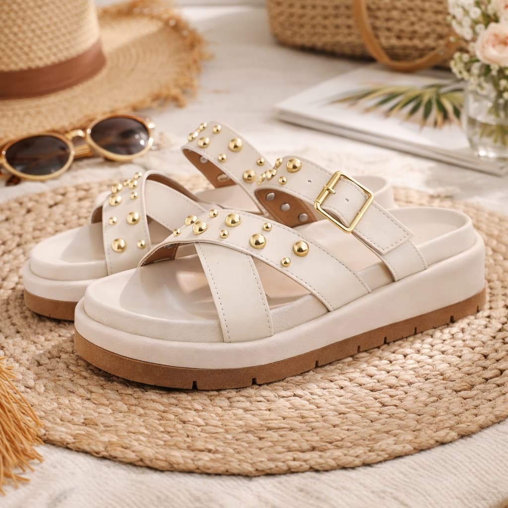 Flatform Papete Tamanco Sandália Tachas Douradas Lançamento Off White