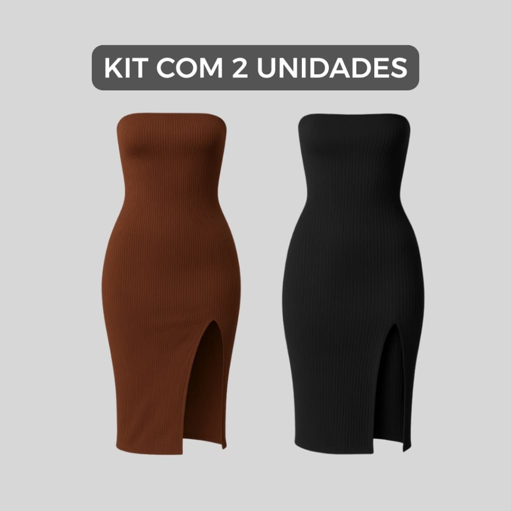 Kit 2 Vestido Midi Feminino Tomara Que Caia com Fenda Canelado Premium Ajustado ao Corpo