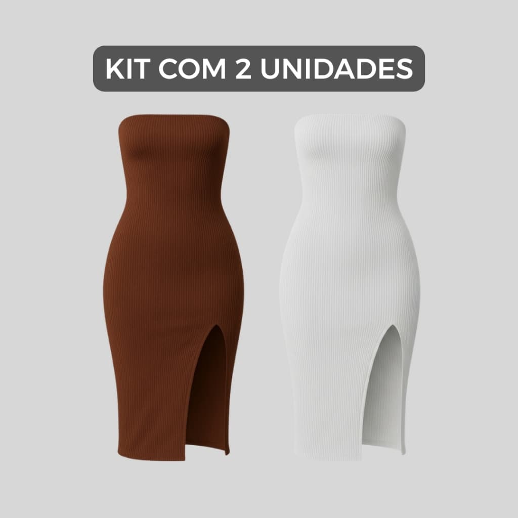 Kit com 2 Vestidos Midi Tomara Que Caia Feminino Canelado Premium com Fenda Elegante