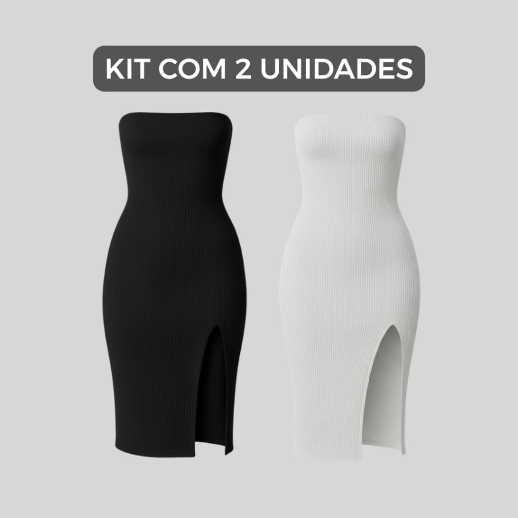 Kit 2 Vestidos Midi Femininos Tomara Que Caia Canelado Premium Fenda Moda Elegante