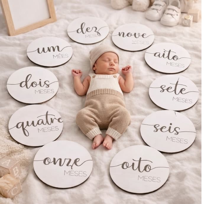 Kit 12 Plaquinhas Mêsversário Bebê MDF 10cm | Fotos Mensais e Decoração Infantil