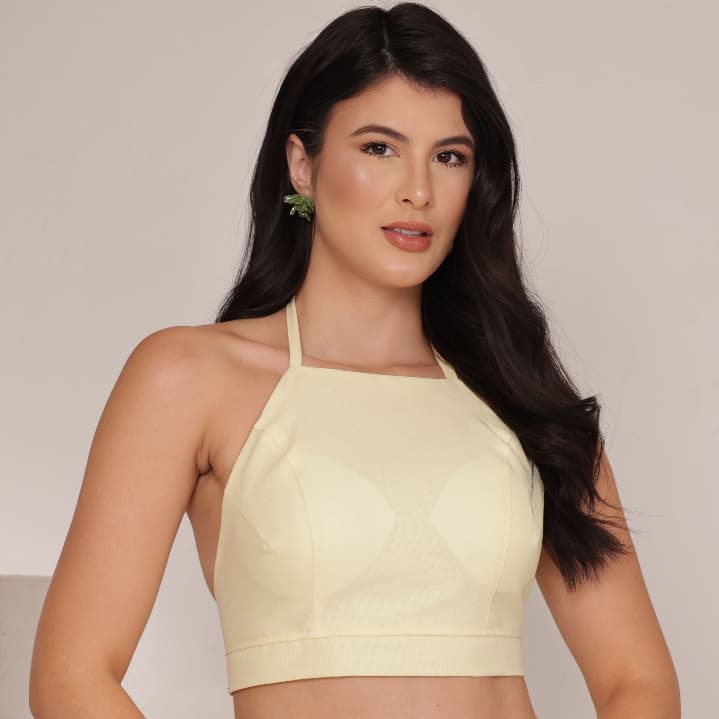 Cropped Frente Única em Linho com Amarração e Bojos Moda Elegante Feminino