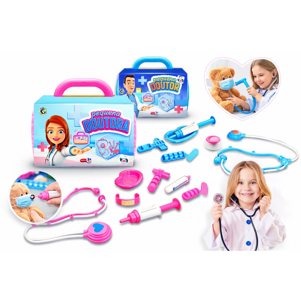 Maleta Mini Doutor Doutora Médico Enfermeira Brinquedo Infantil 7 Pçs Para Criança Azul Menino Presente Faz de Conta