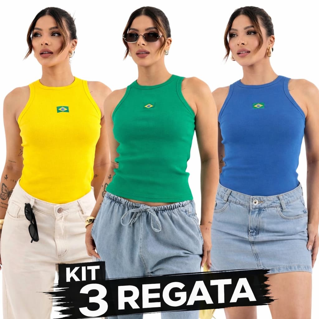Kit 3 Regata Feminina Brasil Copa do Mundo Ribana Canelada Confortável