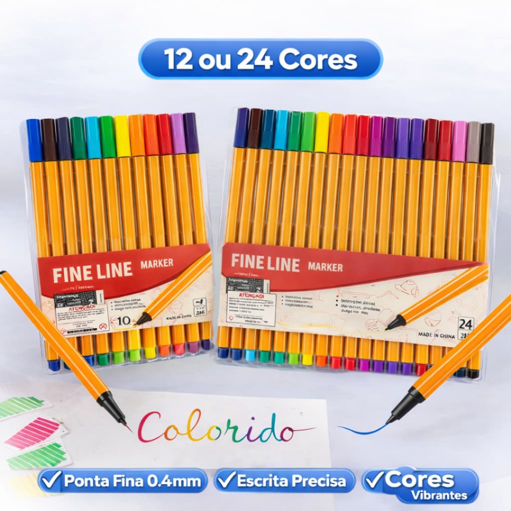 Kit 12/24 Canetinhas Coloridas Fine Line  0.4mm - Ponta Fina /Cores Vibrantes