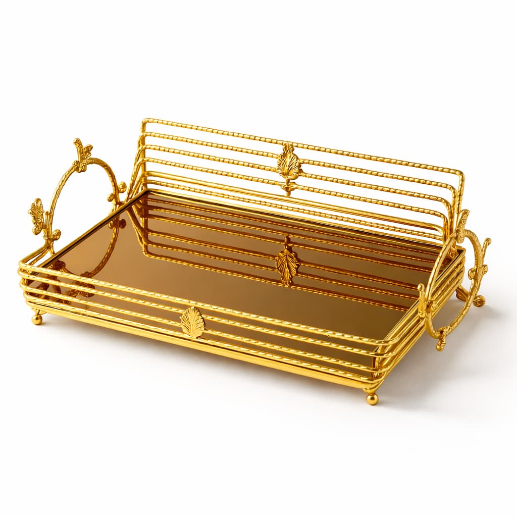 Bandeja Decorativa Dourada com Espelho e Alças em Metal para Perfumes Banheiro e Sala