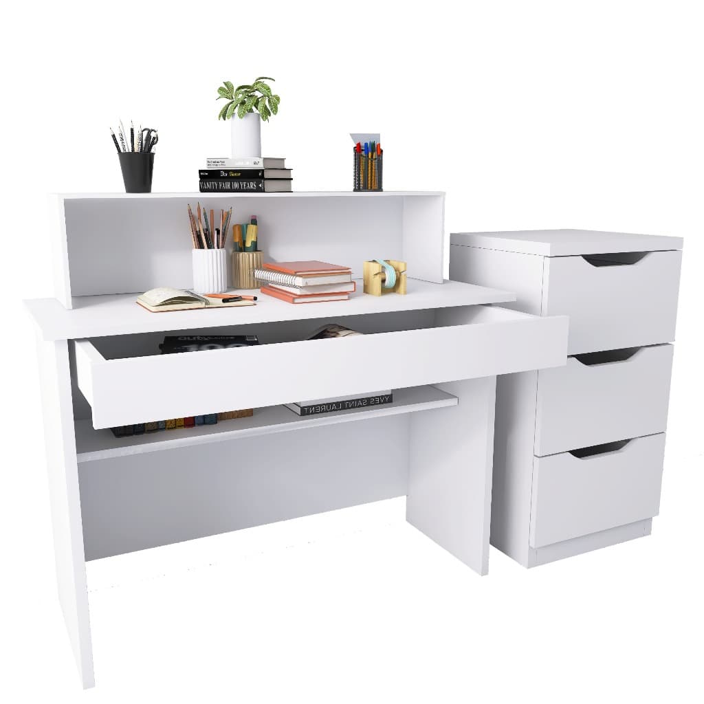 Kit Mesa Escrivaninha P/ Computador Organizador E Gaveteiro 3 Gavetas Multiuso